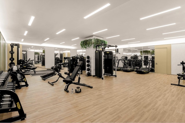 exercise room with light wood-style flooring