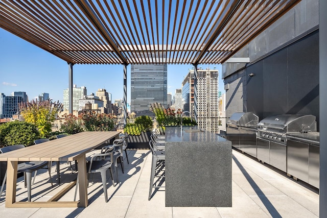 view of patio with a pergola, a city view, grilling area, outdoor dining area, and area for grilling