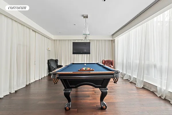 recreation room featuring visible vents, billiards, and wood finished floors