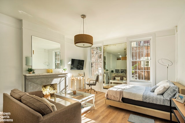 bedroom with multiple windows and light hardwood / wood-style flooring