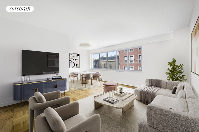 living room with parquet floors