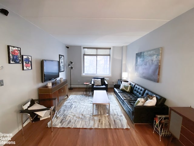 living room with baseboards and wood finished floors