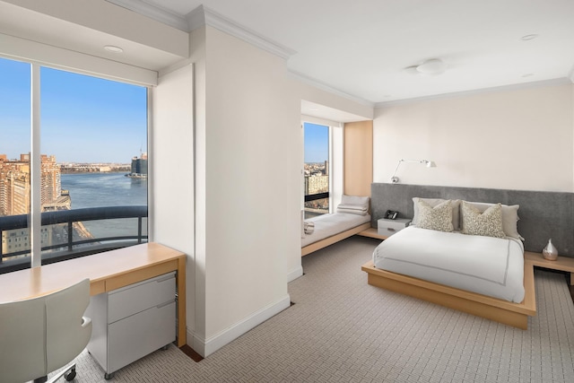 bedroom with a city view, light colored carpet, crown molding, and baseboards