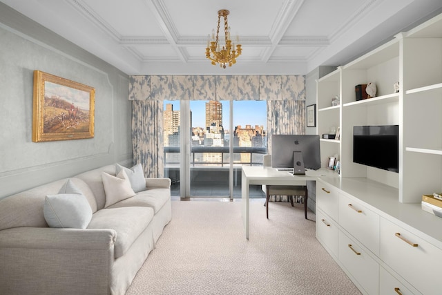 carpeted home office with beamed ceiling, coffered ceiling, and crown molding