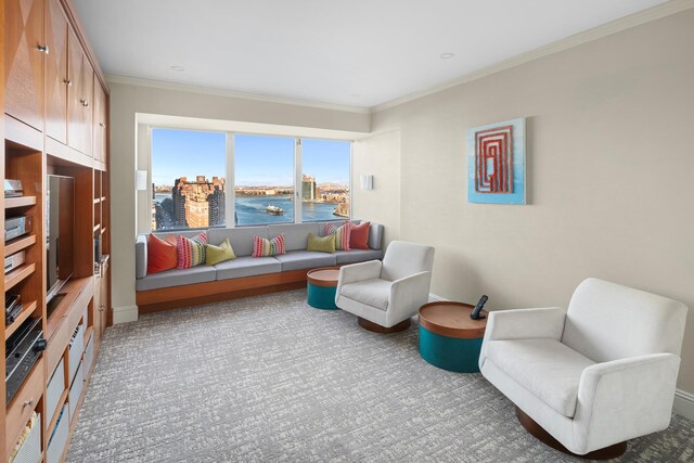 sitting room featuring crown molding, carpet flooring, and baseboards