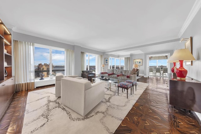 living room with ornamental molding, parquet flooring, and plenty of natural light