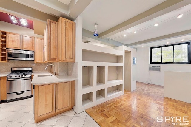 kitchen with beamed ceiling, a sink, stainless steel appliances, open shelves, and backsplash