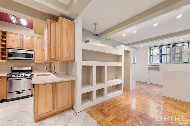 kitchen with open shelves, stainless steel appliances, backsplash, a sink, and beamed ceiling