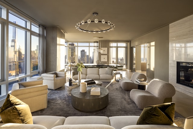building lobby featuring a view of city