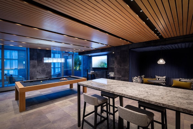 bar featuring wooden ceiling and billiards