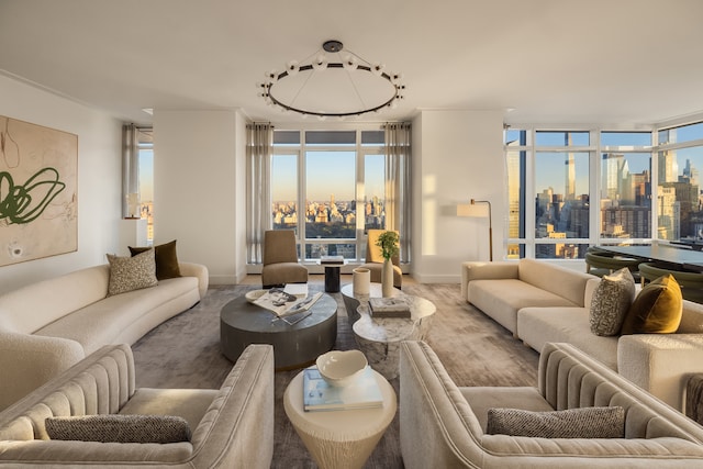 living room with baseboards and a view of city