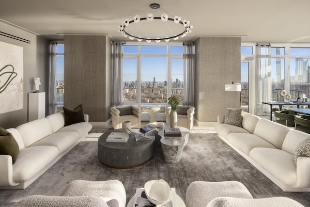 living room with a wall of windows and a healthy amount of sunlight