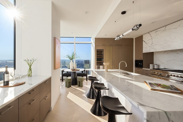 kitchen featuring a healthy amount of sunlight, a sink, a breakfast bar, and floor to ceiling windows
