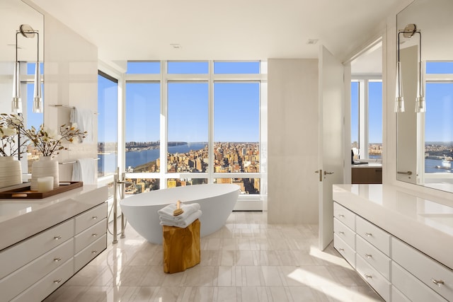 bathroom with a freestanding tub, plenty of natural light, vanity, and a water view