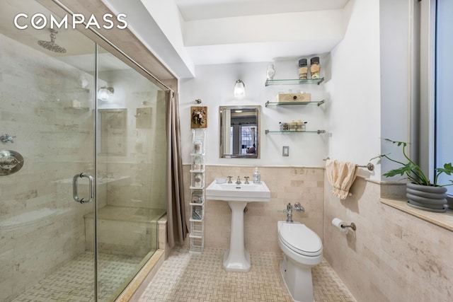 1200 5th Ave Unit 1E, New York City, NY 10029 - full bath with toilet, tile walls, a wainscoted wall, tile patterned flooring, and a stall shower