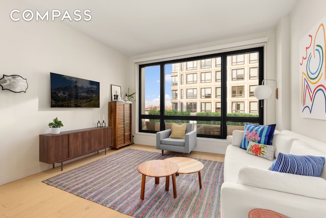 living area with wood finished floors and baseboards