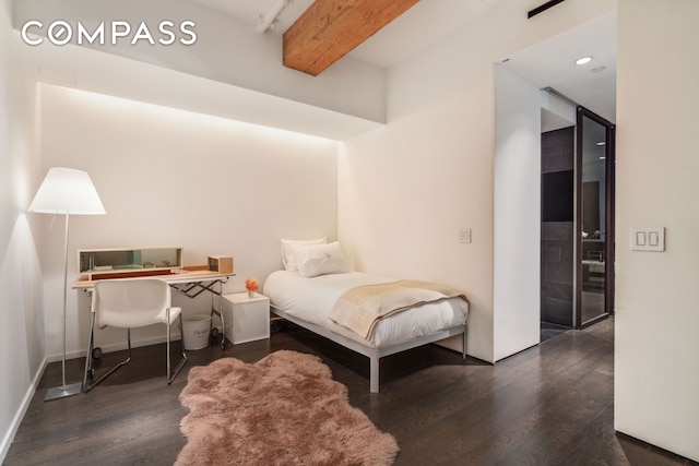 bedroom featuring recessed lighting, beam ceiling, and wood finished floors