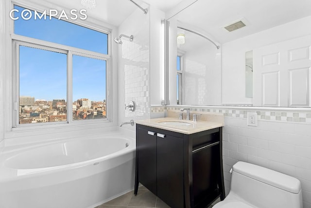 full bath featuring a view of city, tile walls, visible vents, toilet, and tile patterned flooring