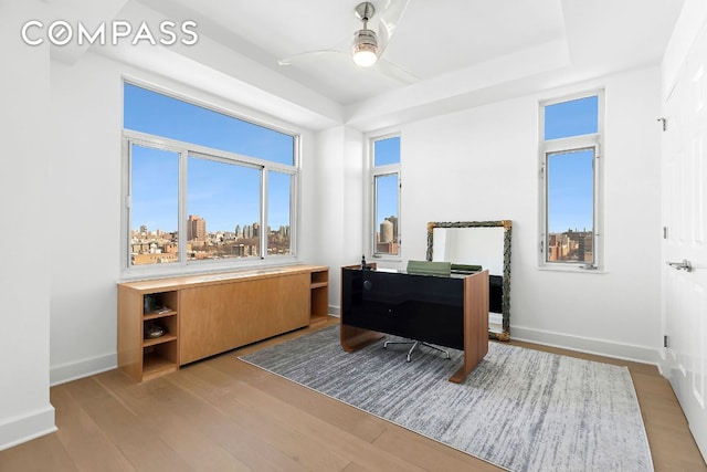 interior space featuring a view of city, a tray ceiling, light wood-style floors, a ceiling fan, and baseboards