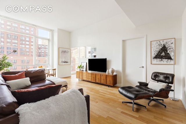 living area featuring baseboards and light wood finished floors