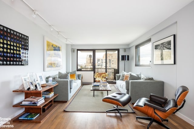 living room with rail lighting and hardwood / wood-style floors