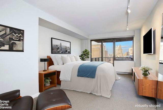 bedroom featuring track lighting and carpet floors