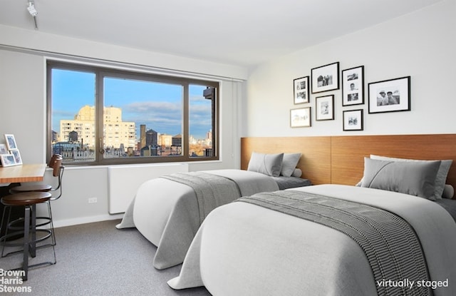 bedroom with baseboards, carpet, and a city view