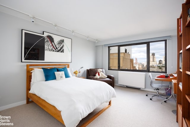 bedroom with a city view, baseboards, radiator heating unit, and carpet