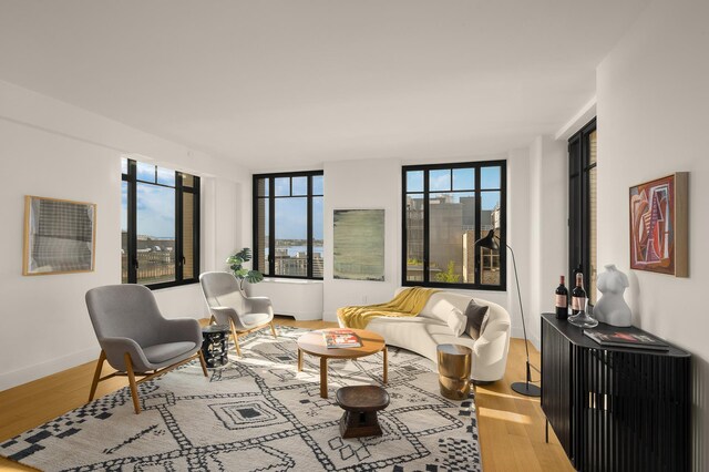 living area featuring light wood-style flooring and baseboards