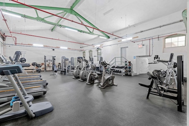 exercise room featuring high vaulted ceiling