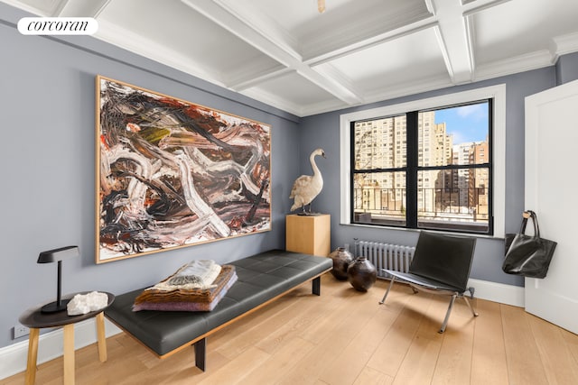 333 E 53rd St Unit 11A, New York City, NY 10022 - living area featuring radiator heating unit, coffered ceiling, beamed ceiling, wood finished floors, and baseboards