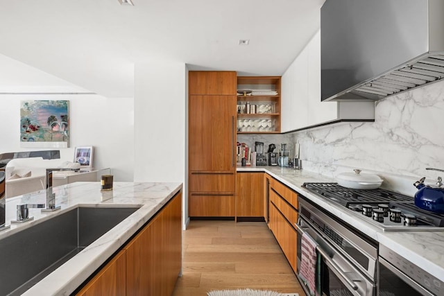 kitchen with sink, light hardwood / wood-style flooring, stainless steel appliances, light stone counters, and island exhaust hood