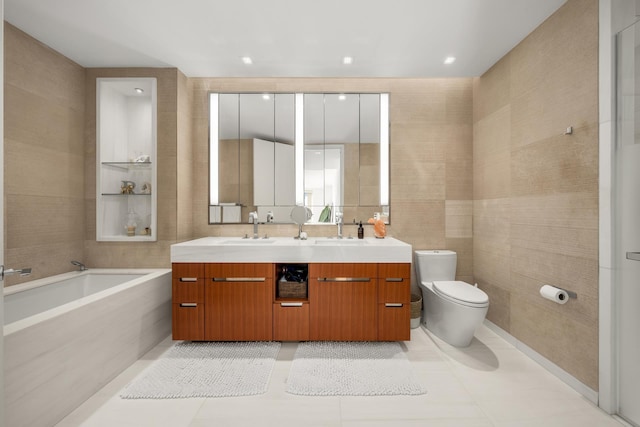 full bath featuring toilet, tile walls, a sink, and a bath