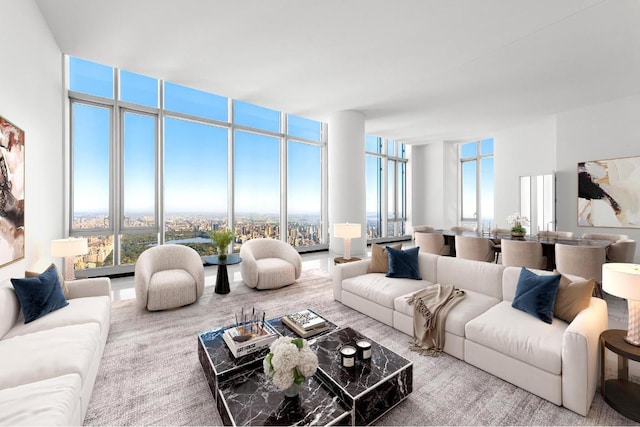 living room with a wall of windows