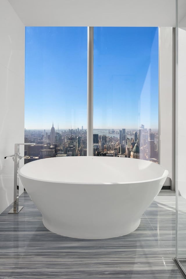 bathroom with a city view and a freestanding tub