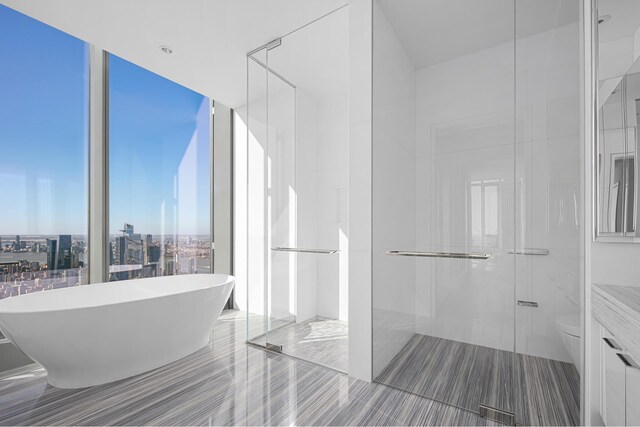 bathroom with a shower stall, a wall of windows, toilet, a view of city, and a freestanding bath