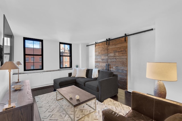 living area featuring a barn door and wood finished floors