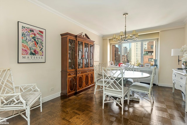 25 Sutton Pl S Unit 20J, New York City, NY 10022 - dining space with a chandelier, crown molding, and baseboards