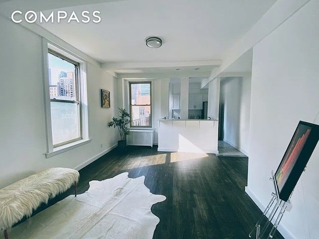 interior space with radiator heating unit, baseboards, and dark wood-style flooring