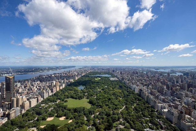 aerial view featuring a view of city and a water view