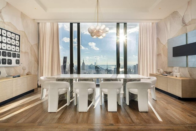 dining space with a raised ceiling and dark wood-style flooring