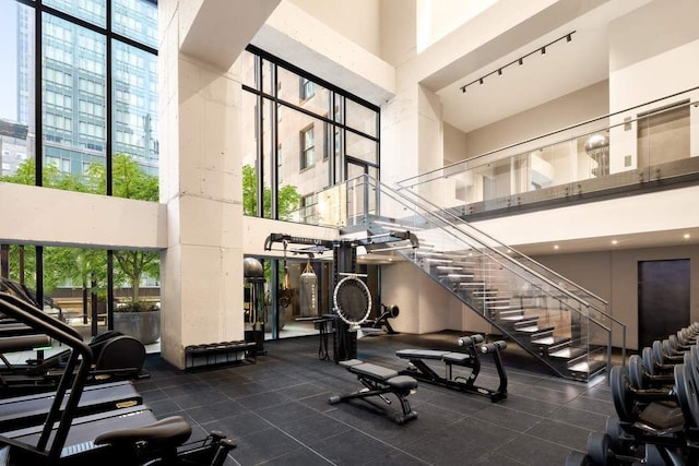 workout area with a high ceiling and rail lighting