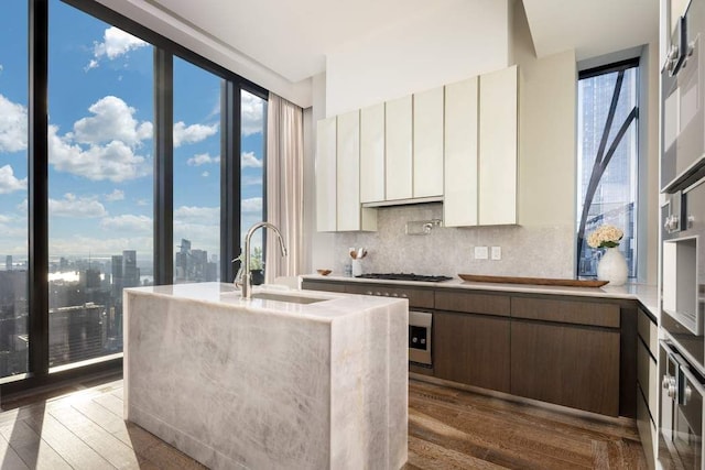 kitchen with dark wood-style flooring, modern cabinets, decorative backsplash, and a sink