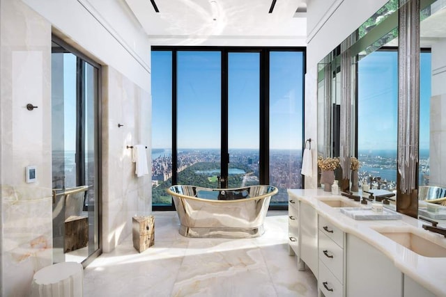 bathroom with a sink, a freestanding tub, and double vanity