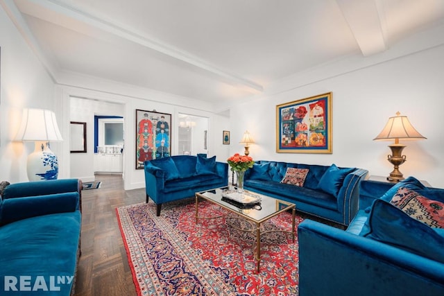 living room featuring parquet flooring, a notable chandelier, and beam ceiling