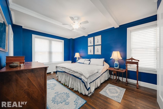 bedroom featuring beam ceiling, ornamental molding, wood finished floors, baseboards, and ceiling fan