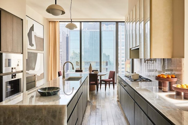 kitchen with sink, hanging light fixtures, plenty of natural light, light hardwood / wood-style floors, and light stone countertops