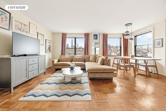 living room featuring light parquet flooring