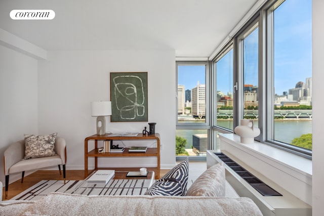 425 Main St Unit 5D, New York City, NY 10044 - living area featuring a view of city, baseboards, a healthy amount of sunlight, and wood finished floors