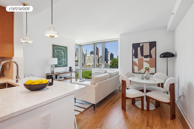 living room featuring floor to ceiling windows, sink, and light wood-type flooring